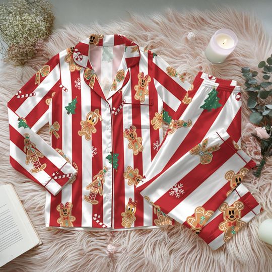 Discover Mickey And Friends Gingerbread Bakery Christmas Pajamas, Disneyland Very Merry Xmas Satin Set, Holiday Family Gift