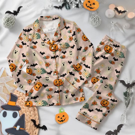 Discover Funny Trick Or Treat Halloween Satin Pajamas, Floral Pumpkin Ghost Halloween Pajamas, Spooky Season Fall Vibes, Happy Halloween Sleepwear