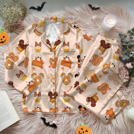 Disney Fall Mickey Mouse Snacks Satin Pajama Set – Family Matching Sleepwear, Halloween Gift