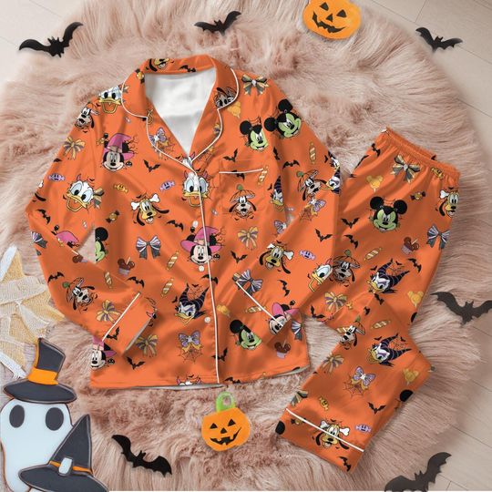 Disney Halloween Satin Pajamas Set, Mickey & friends halloween Pajamas, Disney Pumpkin Silk Pajamas, Coquette Bow Disney Pajamas