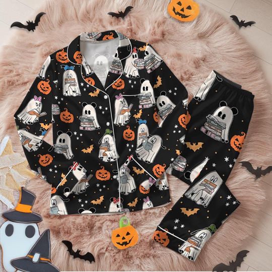 Discover Disney Mickey Minnie Ghost Reading Books Satin Pajamas Set, Bookish Halloween Mickey And Friends, Spooky Season Gift