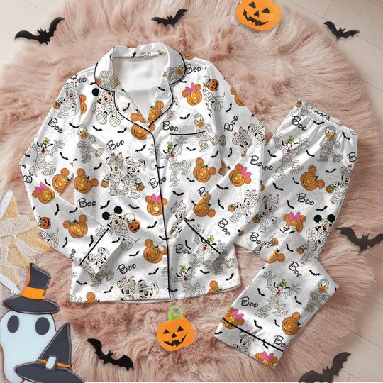 Discover Halloween Mickey & Friends Satin Pajamas Long Set,  Mickey Pumpkin Pajamas, Spooky Trick or Treat Sleepwear