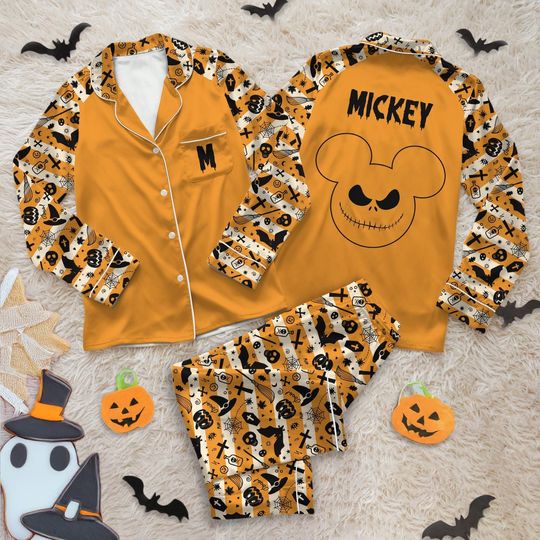 Discover Personalized Halloween Mickey Satin Pajamas Set,  Disney Halloween Pajamas, Spooky Season Sleepwear, Mickey Jack Skellington Pajamas