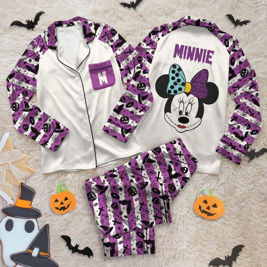Discover Personalized Halloween Minnie Satin Pajamas Set, Disney Halloween Pajamas, Spooky Season Sleepwear, Minnie Sally Pajamas