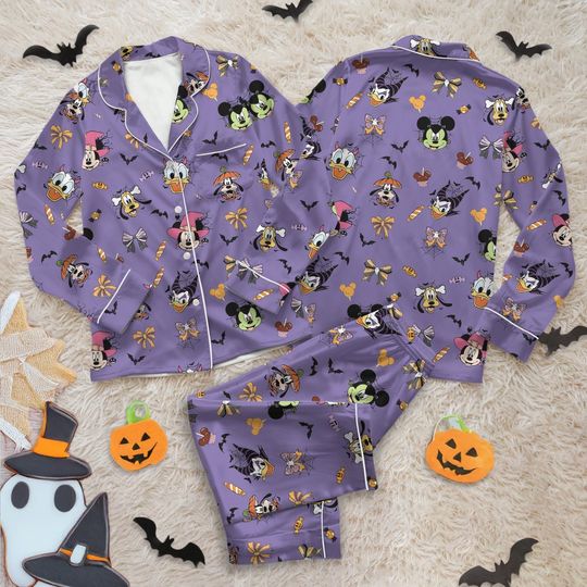 Discover Mickey & Friends Halloween Satin Pajamas Set,Disney halloween Pajamas, Disney Pumpkin Silk Pajamas, Coquette Bow Disney Pajamas