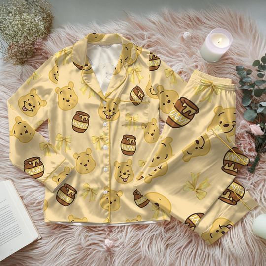 Disney Coquette Pooh Bear Satin Pajamas Set, Winnie the Pooh Loungewear, Retro Disney Pooh Sleepwear
