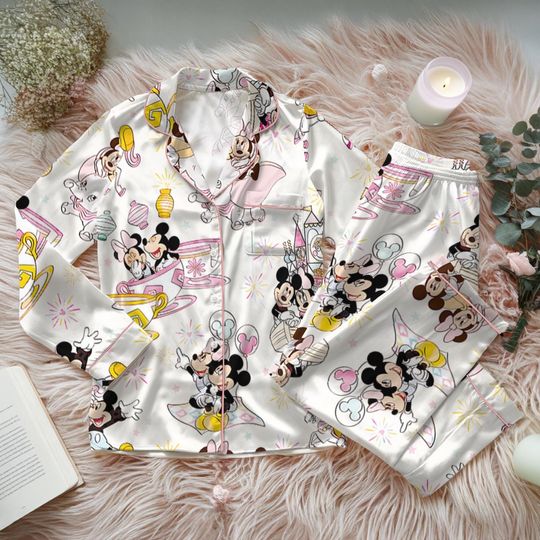 Discover Pastel Magical Mouse Park Day Spring and Summer Satin Pajamas Set, Disney Mickey Minnie Parks Pajamas, Magic Kingdom Pajamas