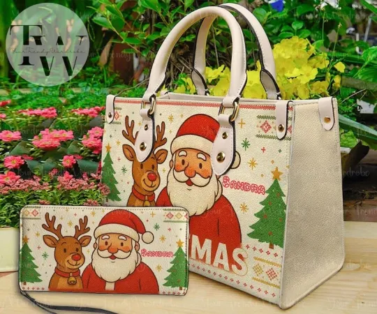 Discover Christmas Santa Leather Handbag, Christmas Purses, Santa Tote, Custom X-mas Bag