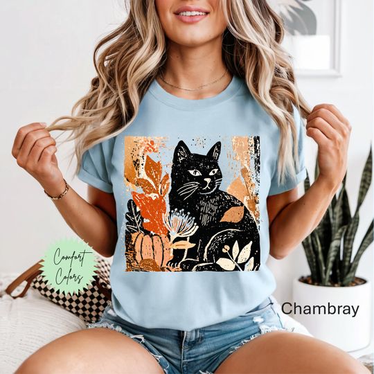 Discover Halloween Cat Shirt, Retro Witch Shirt, Witchy Vibe Shirt, Fall Pumpkin Shirt, Vintage Autumn Shirt, Cat Lover Shirt
