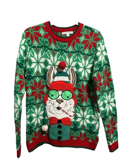 Ugly Christmas Sweater Llama Pipe 3D Pom Pom Lights Medium Celebrate Together