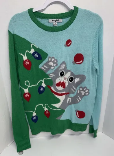 Imagin8 Kitty Christmas Sweater UGLY Womens Sz Medium Tree Brad Cat Climbing