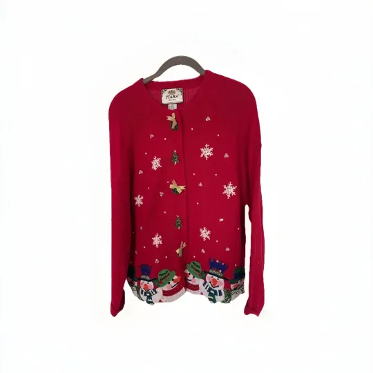 Discover Tiara Petites Red Ugly Christmas Sweater Snowman Snowflake Applique Sequin Pearl
