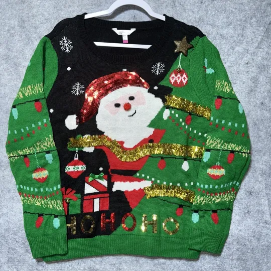 No Boundaries Junior Sweater Size XXL (19) Green Santa Ugly Christmas Bells