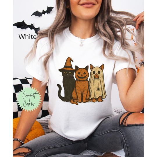 Discover Black Cat Pumpkin Shirt, Ghost Cat Shirt, Retro Halloween Cat, Ghost and Cat Shirt, Halloween Pumpkin, Cat Lover Shirt, Black Cat Shirt