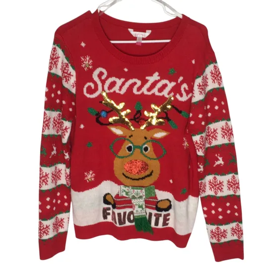 Ugly Christmas  Sweater Sz XXL Santa’s Favorite Rudolph Holiday Bells Glitter 3D