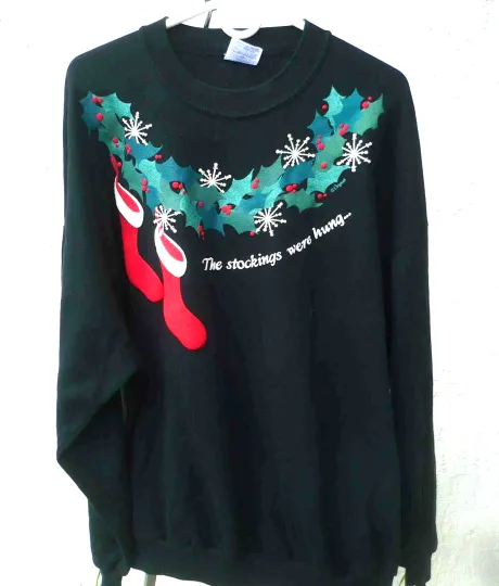 JERZEES USA UGLY CUTE CHRISTMAS SWEATER 2X 3X PLUS PUFF PAINT FIREPLACE STOCKING