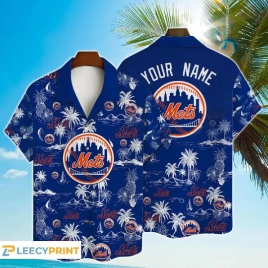 New York Met.s Hawaiian Shirt Baseball Pattern Vintage Custom Name, Gift for Fan