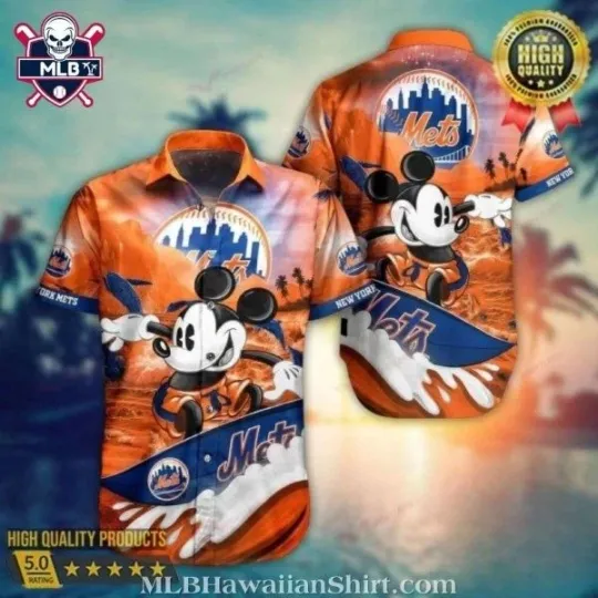 New York Met.s Logo Print Hawaiian Shirt – Mickey Surfing Graphic, Gift for Fan