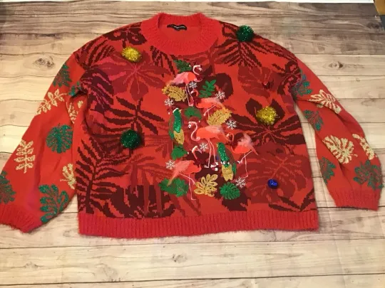 Womans Ugly Christmas Sweater Flamingo Jingle Bell Tropical 33 Degree Size XL