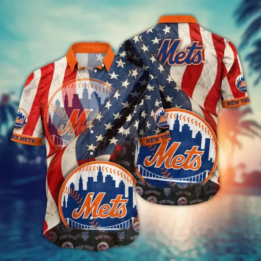 Discover New York Mets American Flag Summer Aloha Unisex Hawaiian Shirt