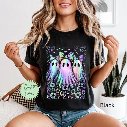 Discover Iridescent Ghost T-Shirt, Iridescent Ghost, Iridescent Halloween Neon Halloween Shirt, Neon Ghost Shirt, Cute Ghost Shirt Neon Graphic Shirt