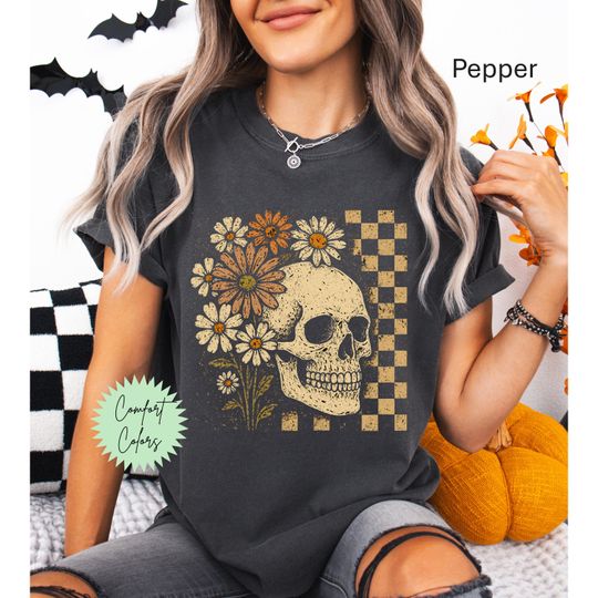 Discover Floral Skull Shirt, Retro Halloween Pressed Flowers, Floral Skull Tee, Rocker Shirt, Skull Flower Shirt, Gothic Skull Shirt
