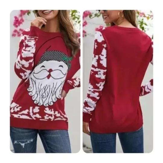 Discover Womens Size M Red Pullover Christmas Ugly Sweater Santa Snowflakes Print Knit