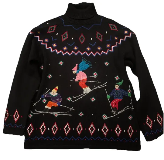 Discover Designers Originals Studio Black Sweater Ski Winter Holiday Snow Ugly Christmas