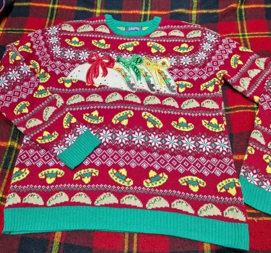 33 Degrees THREE TACOS Knit Ugly Christmas Sweater Unisex Sz L