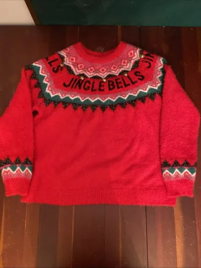 Holiday Time Jingle Bells Sweater XL 16-18 Red Green Ugly Christmas Poly/Acrylic