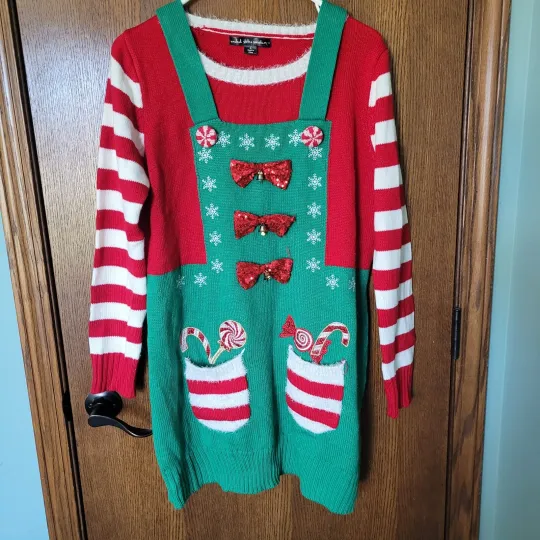 Discover United States Sweaters Ugly Christmas Dress Tunic Large Elf Bows Holiday Bells