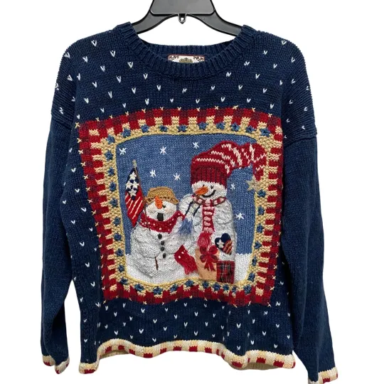 Tiara International Knit Ugly Christmas Sweater Snowman American Flag Medium