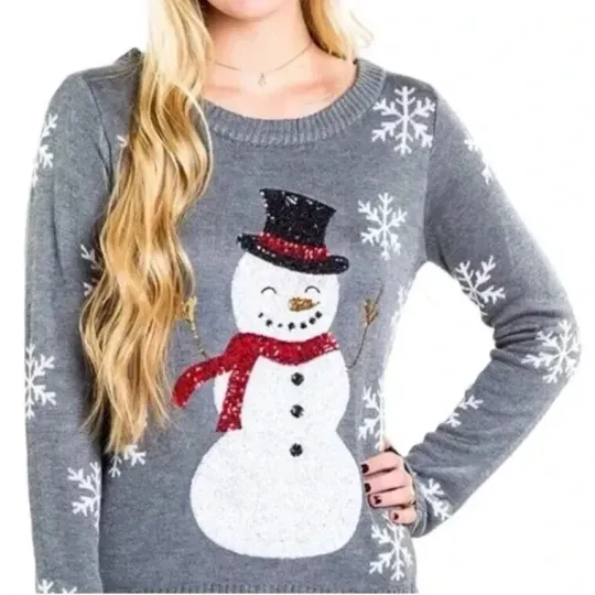 TIPSY ELVES SEQUIN SNOWMAN UGLY CHRISTMAS SWEATER Women's Size Large GREY