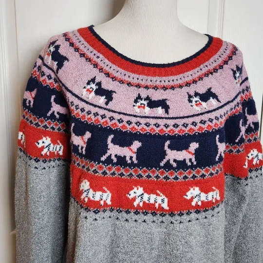 Discover Holiday Time Womens XXL DOGS Fair Isle Knit Sweater Gray Silver Ugly Christmas