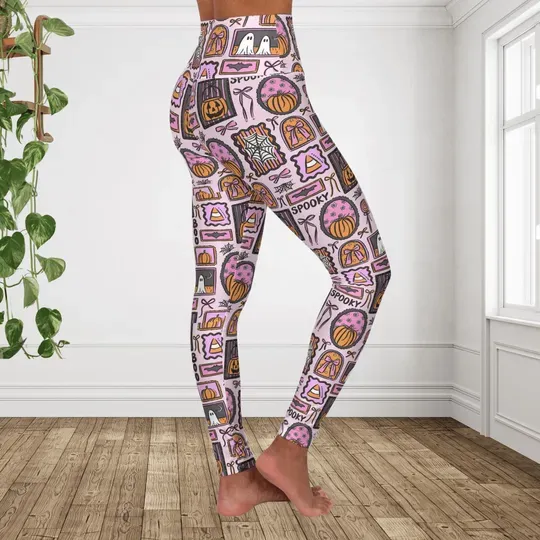 Halloween Spooky Ghost & Pumpkin Leggings, Cute Womens Halloween Outfit
