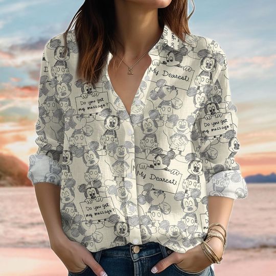 Discover Vintage Mickey Mouse Look-Linen Shirt, Disney Blouse Shirt, Mickey And Minnie Casual Shirt, Disney Family Trip 2025 Women Shirt For Her