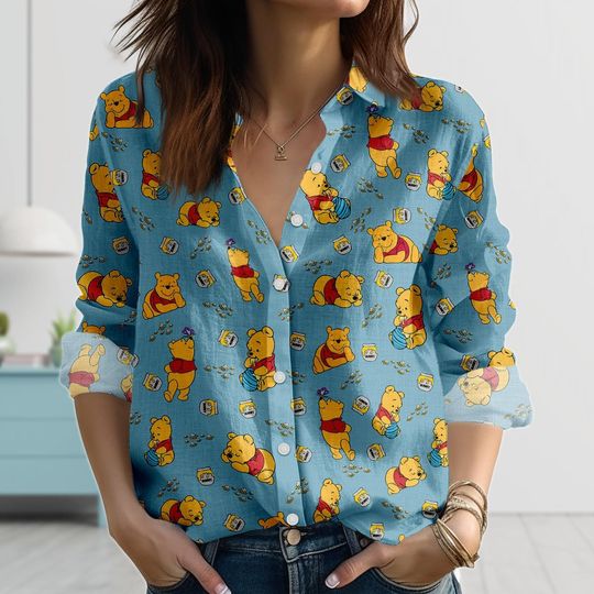 Winnie The Pooh Blouse Shirt, Cute Honey Bear Blouse Shirt, Disney Trip Linen-Look Shirt, Pooh Bear Love Casual Shirt, Gift For Her