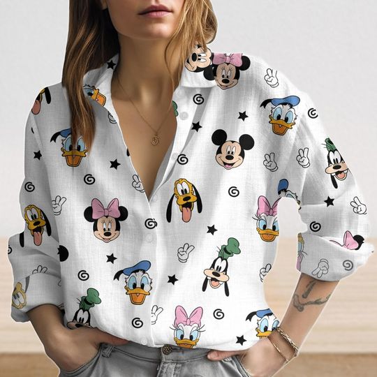 Discover Mickey And Friends Linen-Look Shirt, Disneyland Trip Women Shirt, Mouse Head Blouse Shirt Women, Magical Cartoon Shirt, Gift For Her