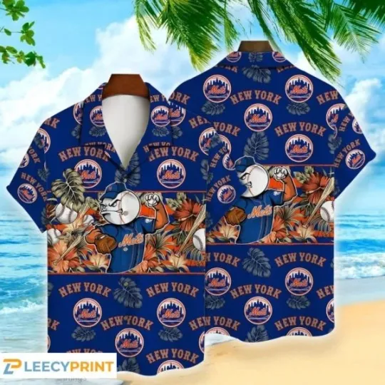 Discover New York Mets Hawaiian Shirt Mascot And Leaves Tropical Style