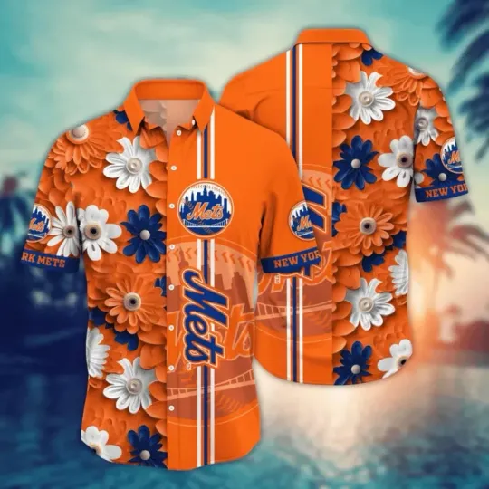 Discover New York Mets Mets Orange & Blue Floral Summer Aloha Unisex Hawaiian Shirt