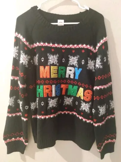 Discover Holiday Time Women's Sparkly Black Merry Christmas Ugly Sweater XL 16-18