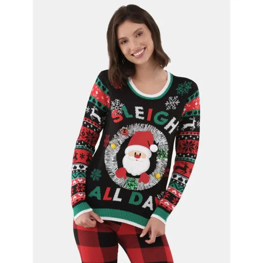 Discover No Boundaries Women's 'Santa Sleigh All Day' Ugly Christmas Sweater