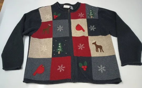 croft barrow Cardigan XL Zip Up Color Block Ugly Christmas Sweater Cardinal...