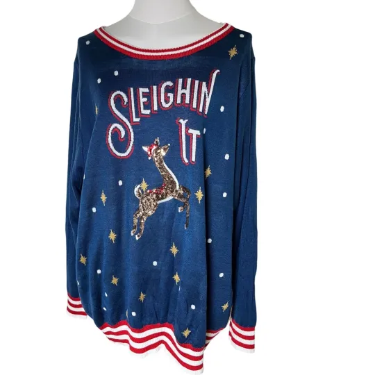 Tipsy Elves Ugly Christmas Sweater Sleighin It Reindeer Sequin Novelty Blue