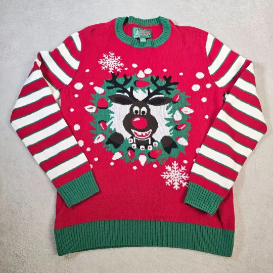 Discover Ugly Christmas Sweater Womens Large Holiday Reindeer Wreath Striped Red Green