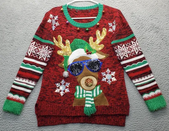 Ugly Christmas Sweater Womens Small Multicolor Rudolph Reindeer Snowflake Sequin