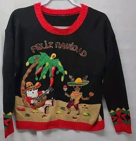 Ugly Christmas Sweater Feliz Navidad Black Womens Size M 8 -10 Holiday Time