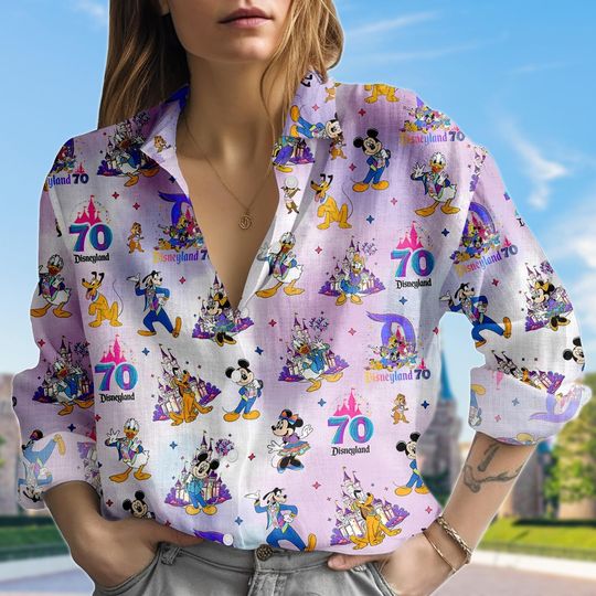 Discover Disneyland 70th Anniversary Linen-Look Shirt, Castle Shirt, Disneyland Castle Blouse Shirt, Disney Summer Blouse Women Shirt
