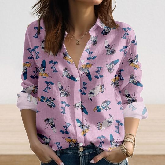 Discover Funny Mickey Linen-Look Shirt, Mickey Mouse Women Shirt, Disney Vacation Casual Tops, Cartoon Button Shirt, Women Blouse, Summer Top