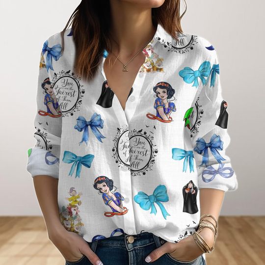 Snow White Linen-Look Shirt, Coquette Bows Disney Princess Women Shirt, Magic Kingdom Blouses Tops, Disney Girls Trip Button Up Shirt